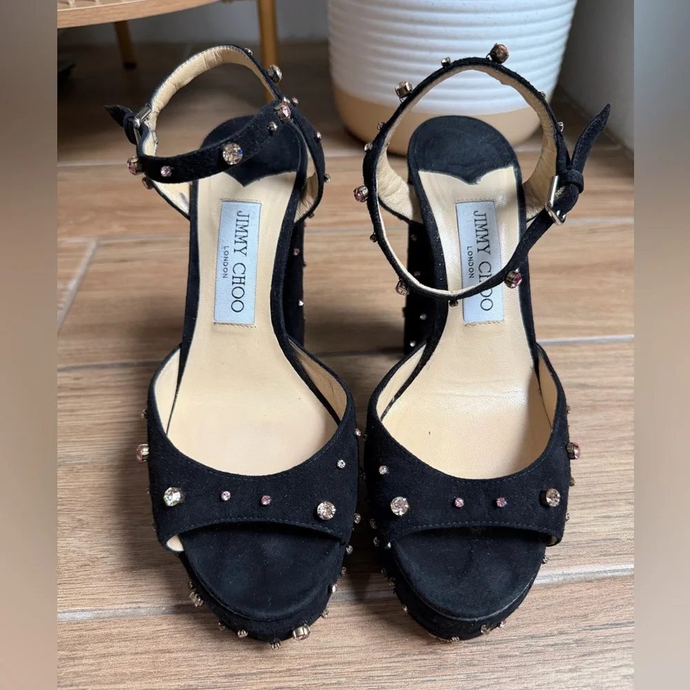 Jimmy Choo Black Suede Rhinestone Heels Platform Ankle Strap Pink Crystal